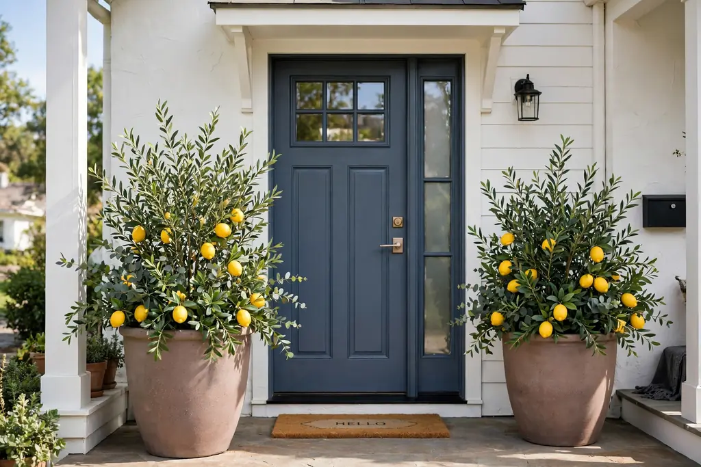 Porch entry with two planters holding green plants and faux lemons beside a front door.