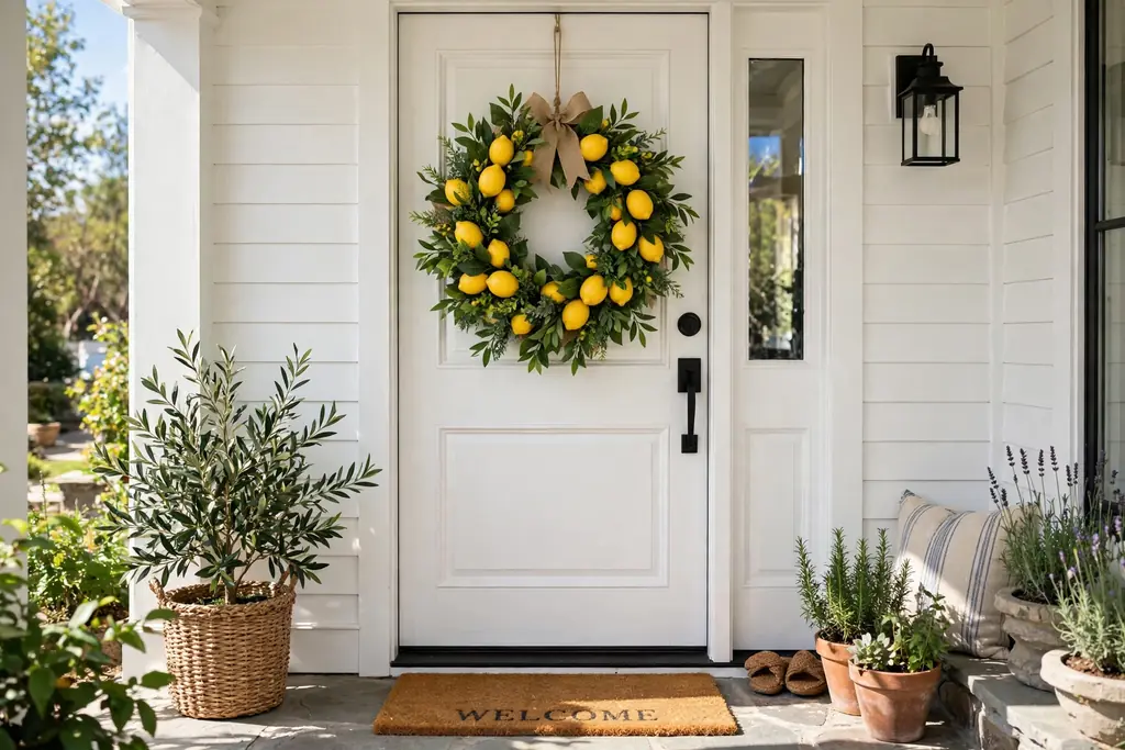 Front door wreath made with faux lemons and green leaves.