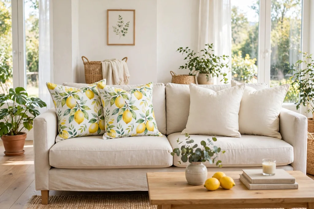 Sofa with lemon print pillows in yellow, white, and green beside plain cream pillows.