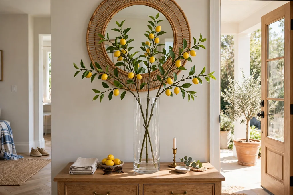 Tall clear glass vase holding lemon branches with leaves and small whole lemons on a console table.