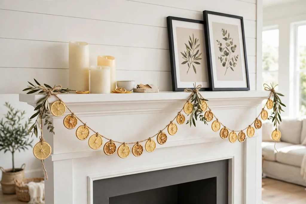 Dried lemon slice garland draped along a mantel with flameless candles.