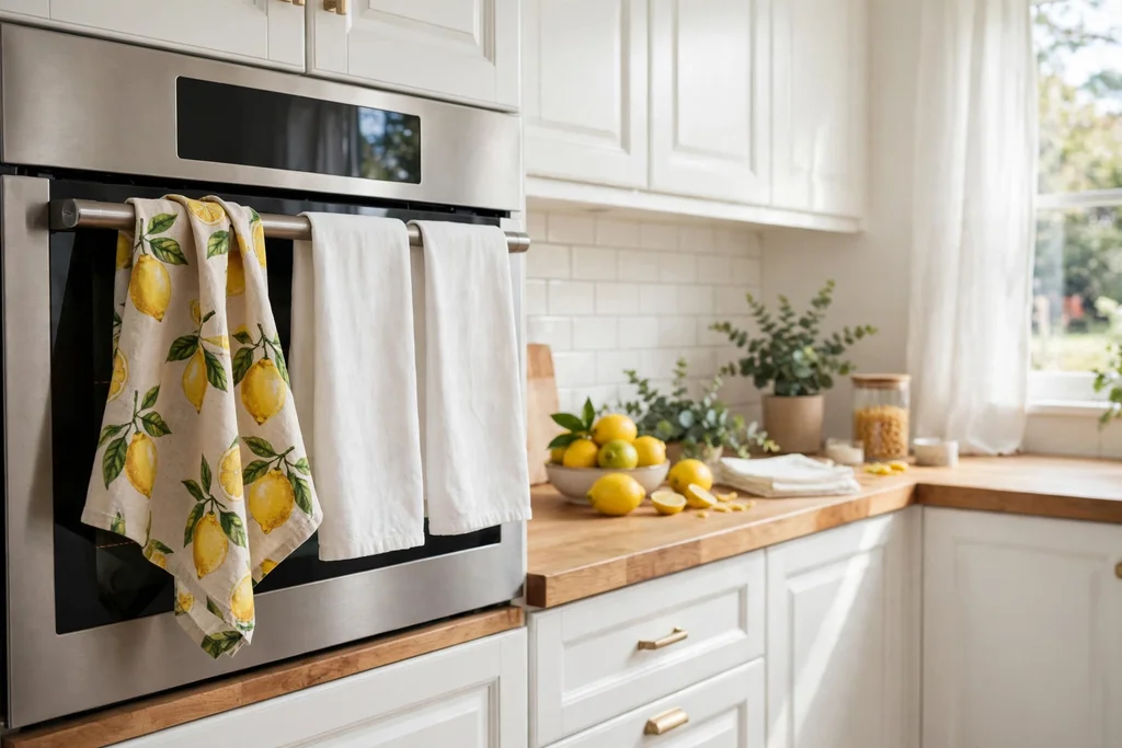 Kitchen oven handle with a lemon print tea towel beside plain white towels.