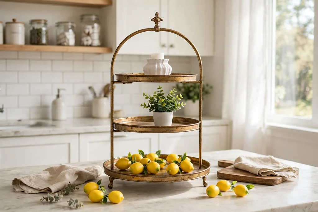 Three tier tray on a kitchen counter styled with faux lemons, a small plant, and a candle holder.