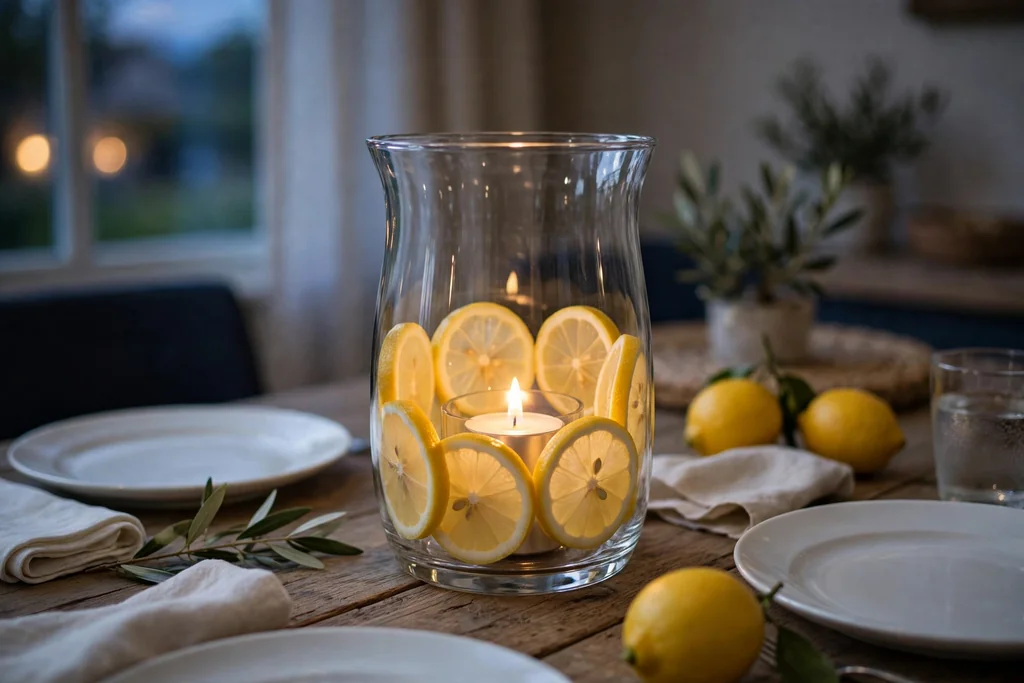 Glass hurricane holder with lemon slices around a battery candle on a dining table.