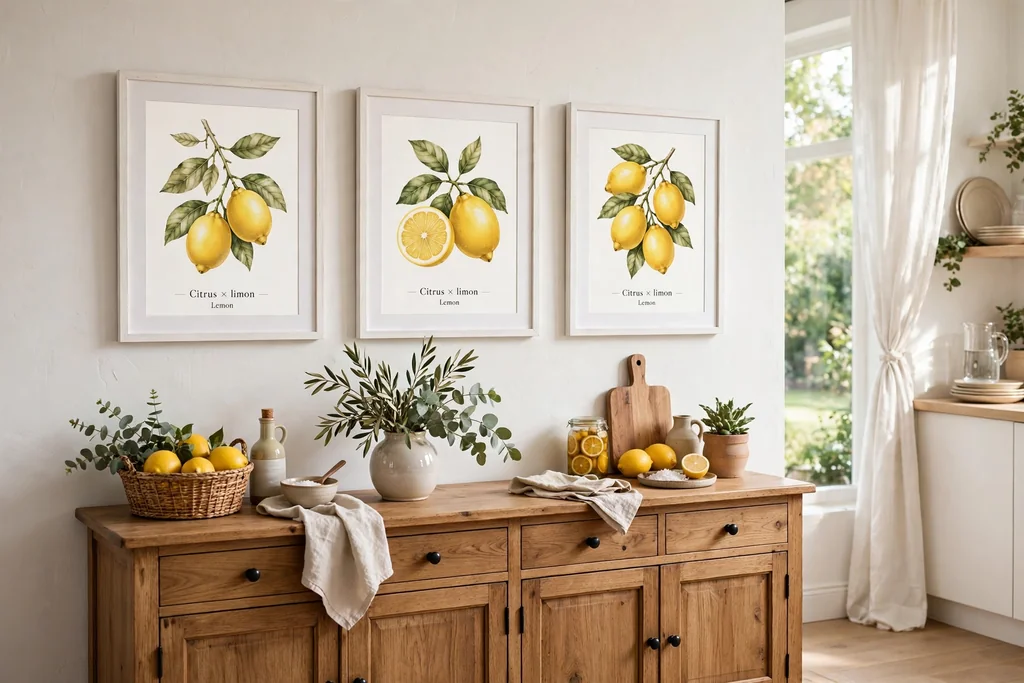 Kitchen wall with three framed lemon prints in white frames above a sideboard.