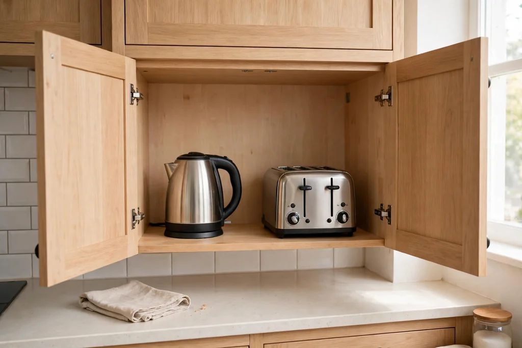 Light wood appliance garage with doors open showing a kettle and toaster.
