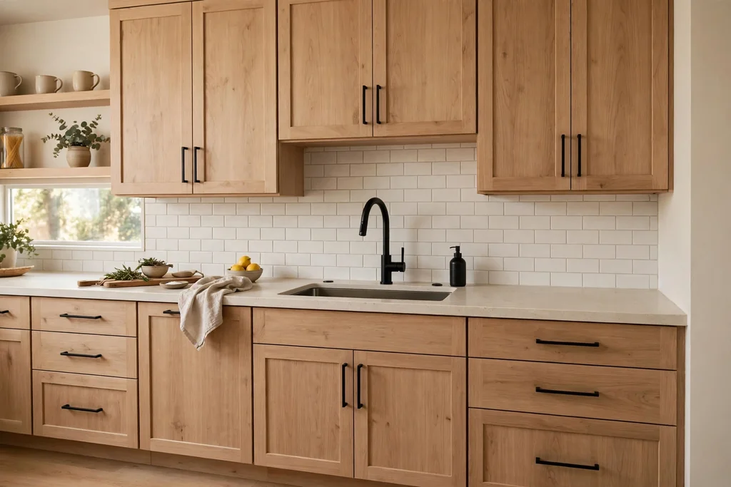 Light wood kitchen cabinets with matte black handles and a black tap.