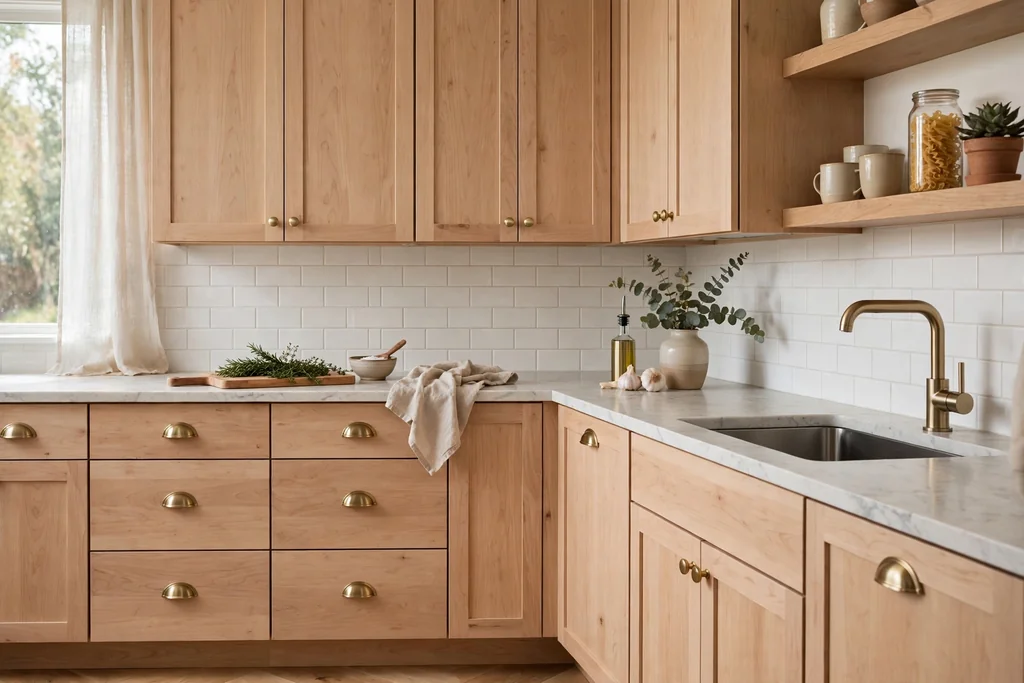 Light wood kitchen cabinets with brushed brass knobs and cup pulls.
