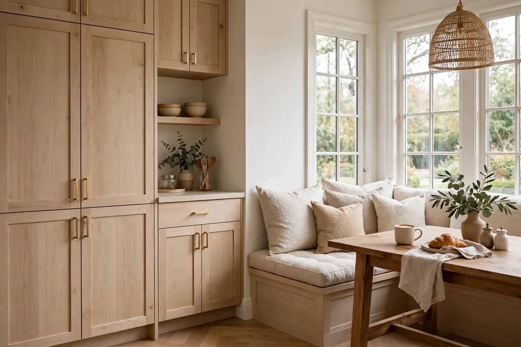 Light wood kitchen cabinets beside a breakfast nook with a wood table and linen cushions.