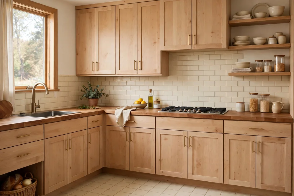 Light wood kitchen cabinets with butcher block counters and cream tiles.