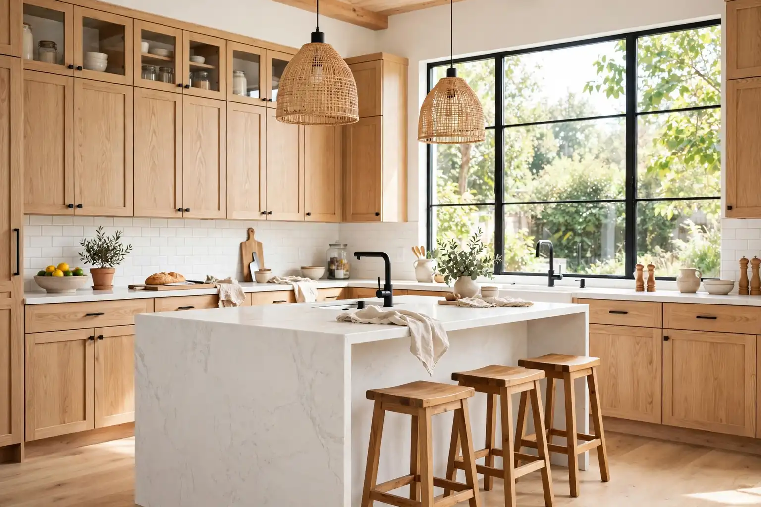 Bright kitchen with light oak cabinets, a white stone island, wood stools, and daylight from a large window.