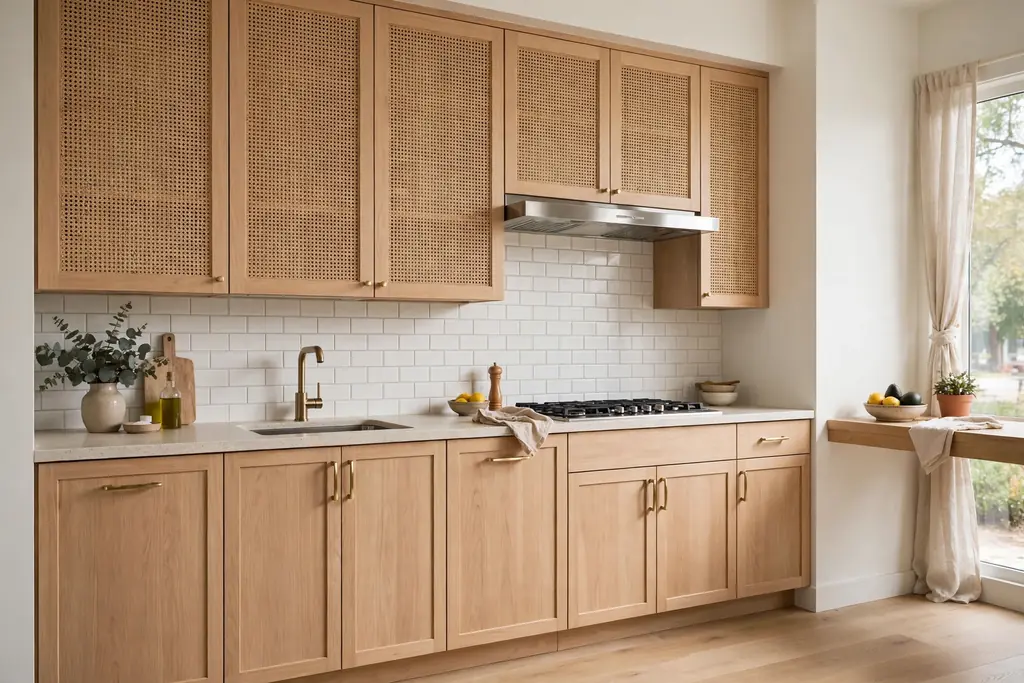 Light wood cabinets with woven cane door inserts on the upper cabinets.