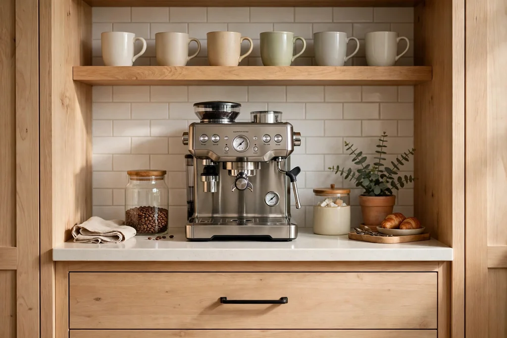 Light wood cabinet coffee station with a machine, mugs on a shelf, and a drawer below.