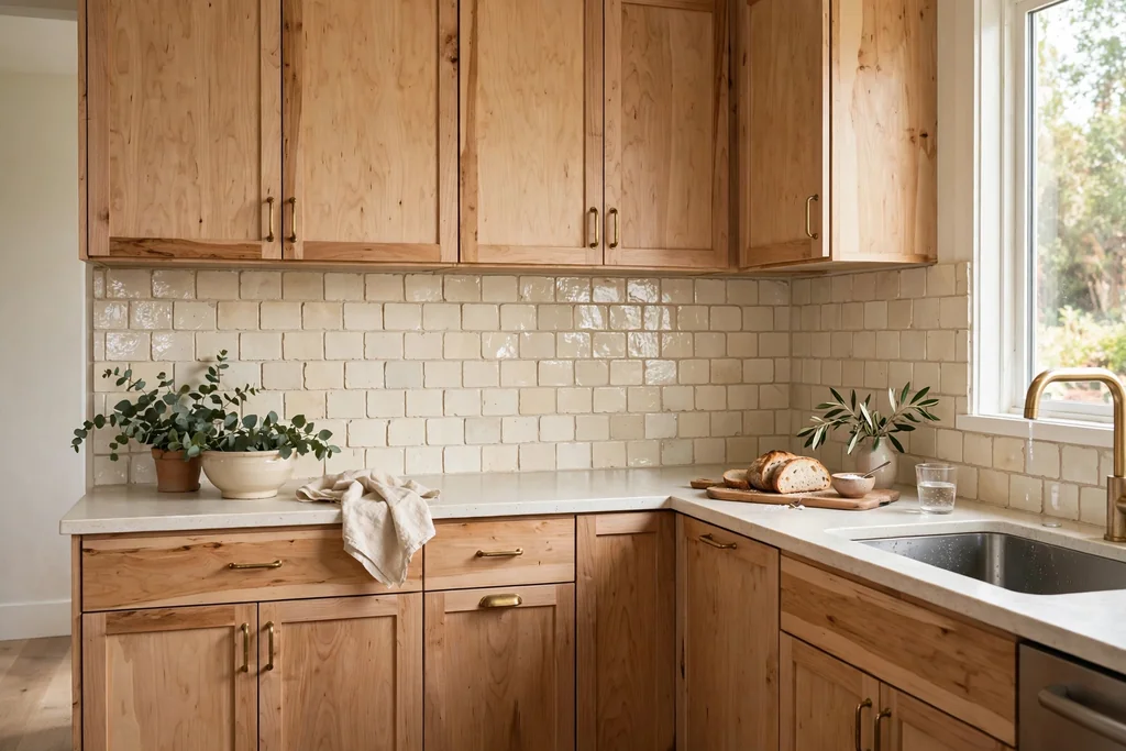 Light wood cabinets with a handmade cream tile backsplash.
