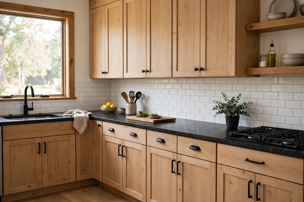 Light wood kitchen cabinets with a dark stone counter and black hardware.