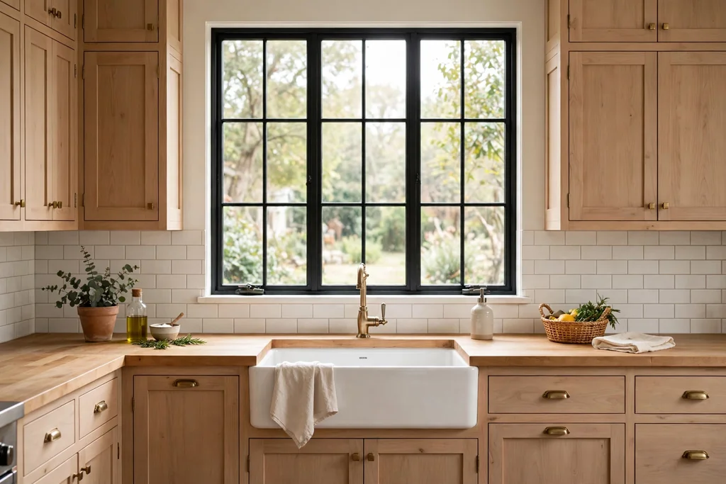 Light wood cabinets around a farmhouse sink under a kitchen window.