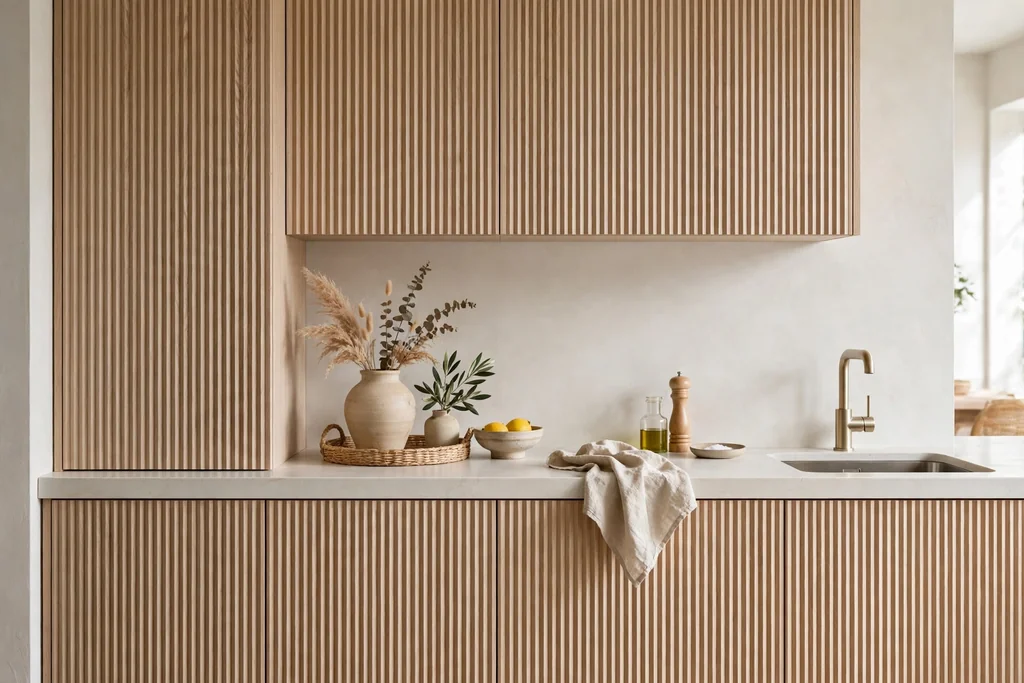 Light wood fluted cabinet doors with a pale counter.