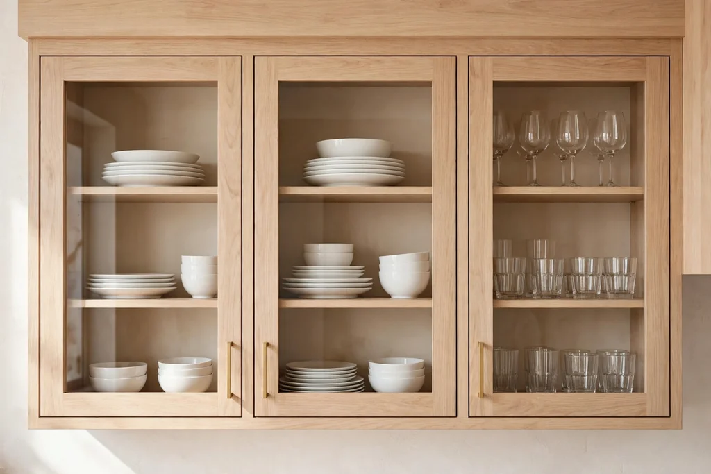 Light wood glass-front upper cabinets displaying white dishes and clear glasses.