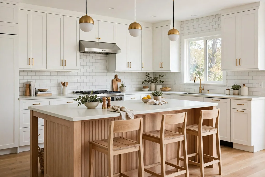 White kitchen with a light wood island base, wood stools, and a pale counter.