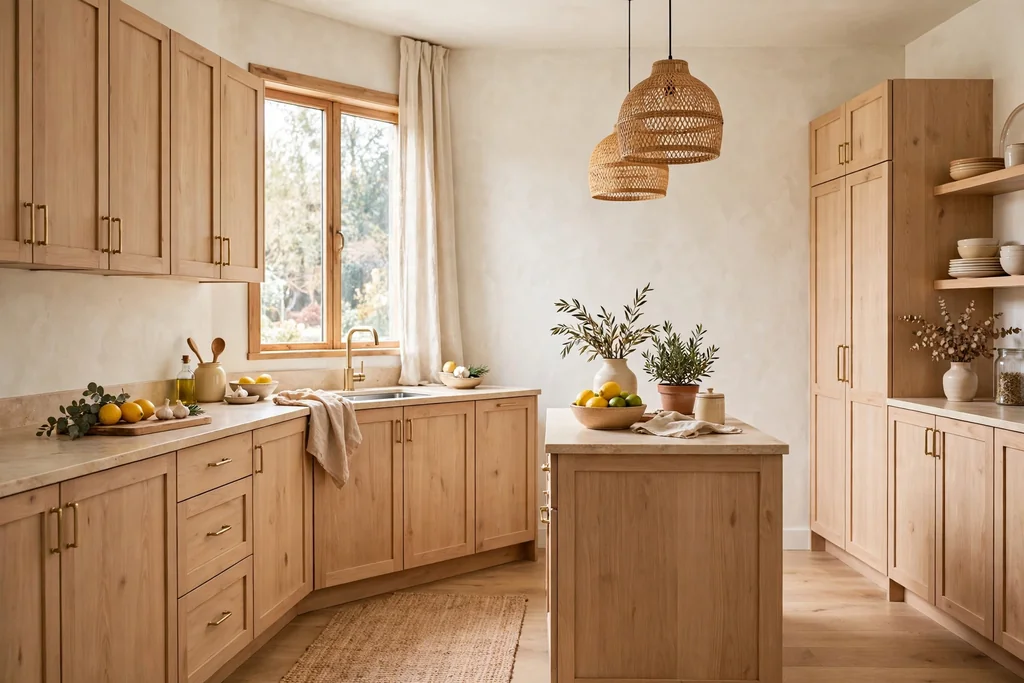 Light wood kitchen cabinets with soft limewash walls in warm white.