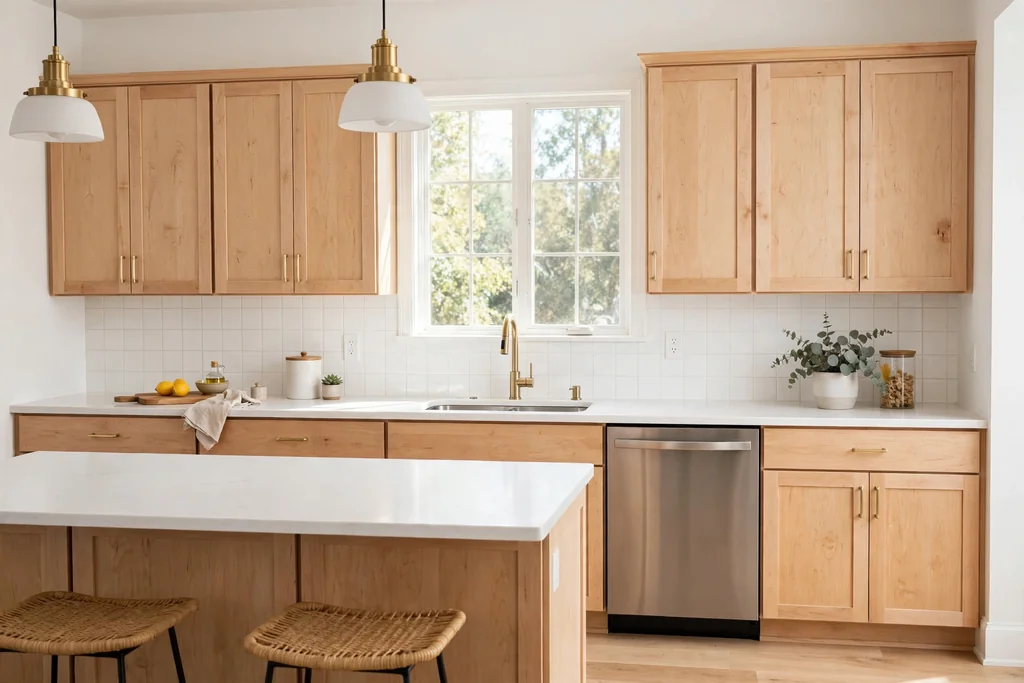 Bright kitchen with light maple cabinets, white counters, and a plain white tile backsplash.