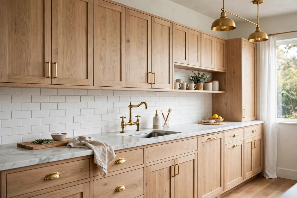 Light wood kitchen cabinets with white marble counters and brass taps.