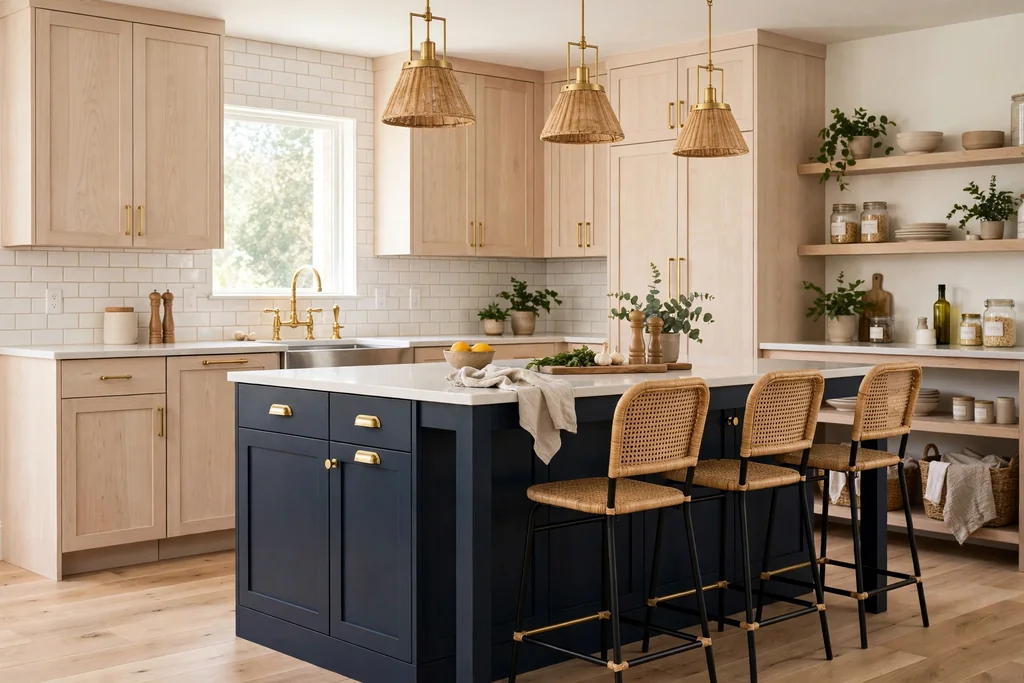 Pale wood kitchen cabinets with a deep navy island and brass hardware.