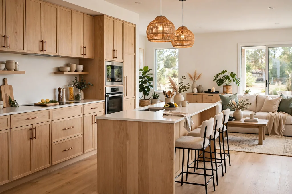 Open-plan kitchen with light wood cabinets and an island facing a living area.