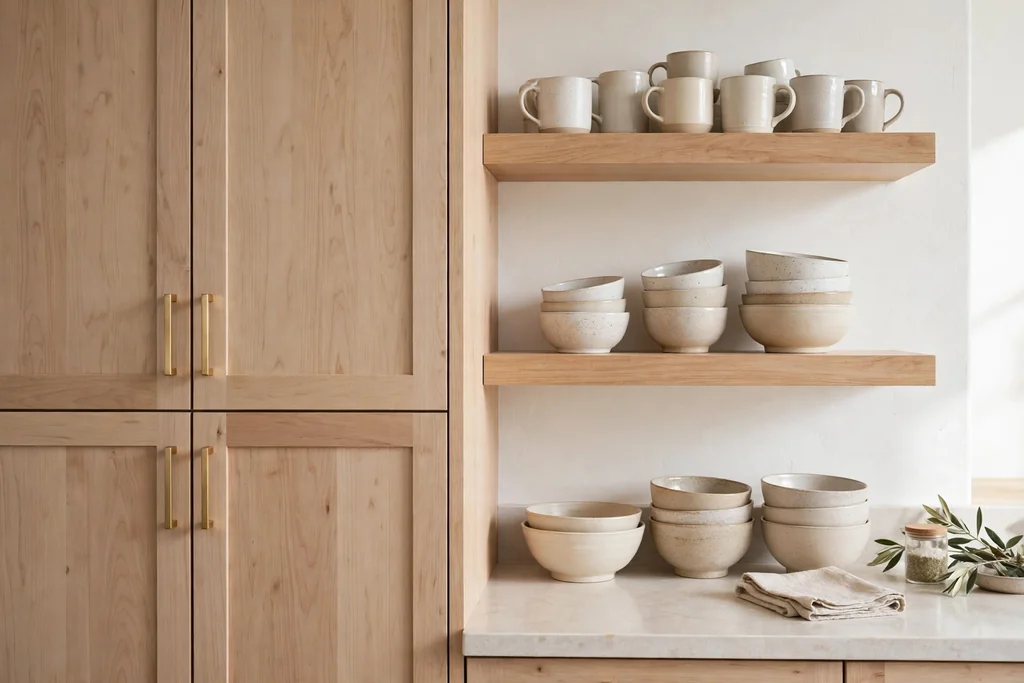 Light wood cabinets beside matching open wood shelves holding mugs and bowls.