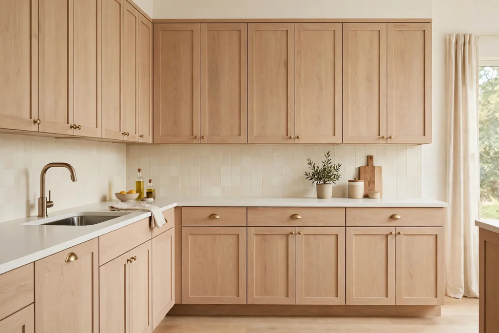 Kitchen with pale oak Shaker cabinets, a plain white counter, and a simple cream backsplash.