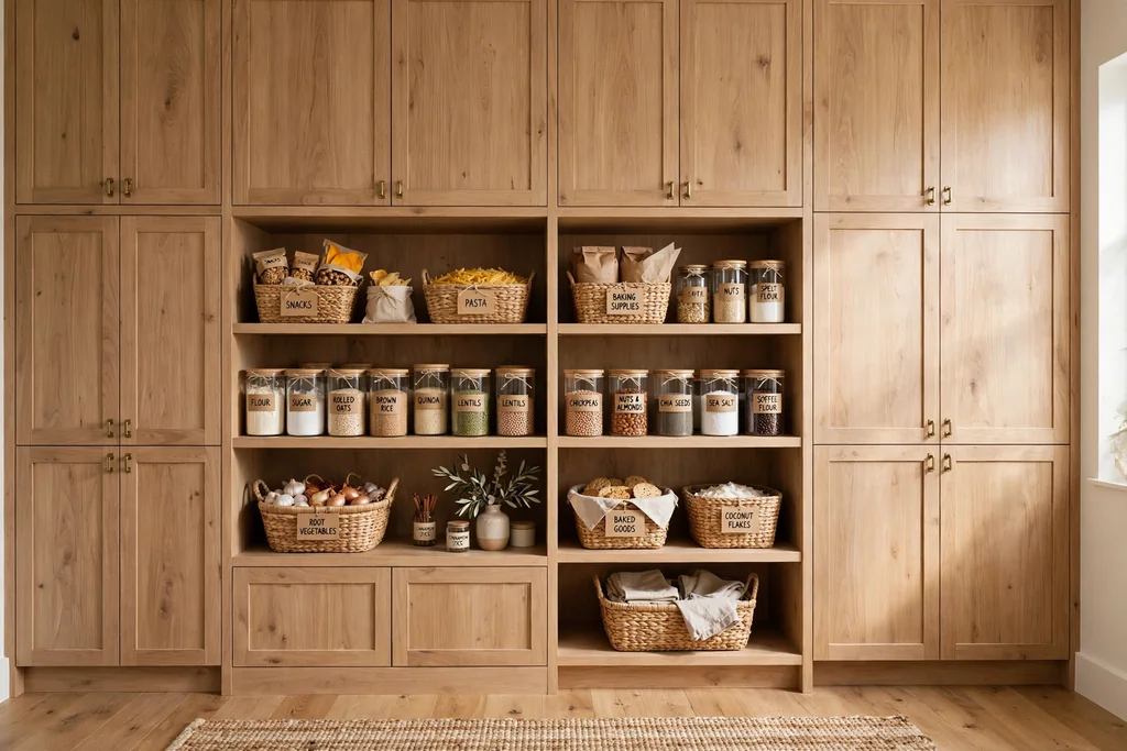 Floor-to-ceiling light wood pantry cabinets with baskets and jars for dry goods.