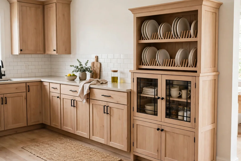 Light wood plate rack and hutch unit at the end of a kitchen cabinet run.