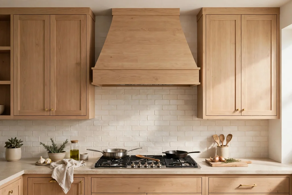 Kitchen cooking wall with a light wood range hood cover matching the cabinets.