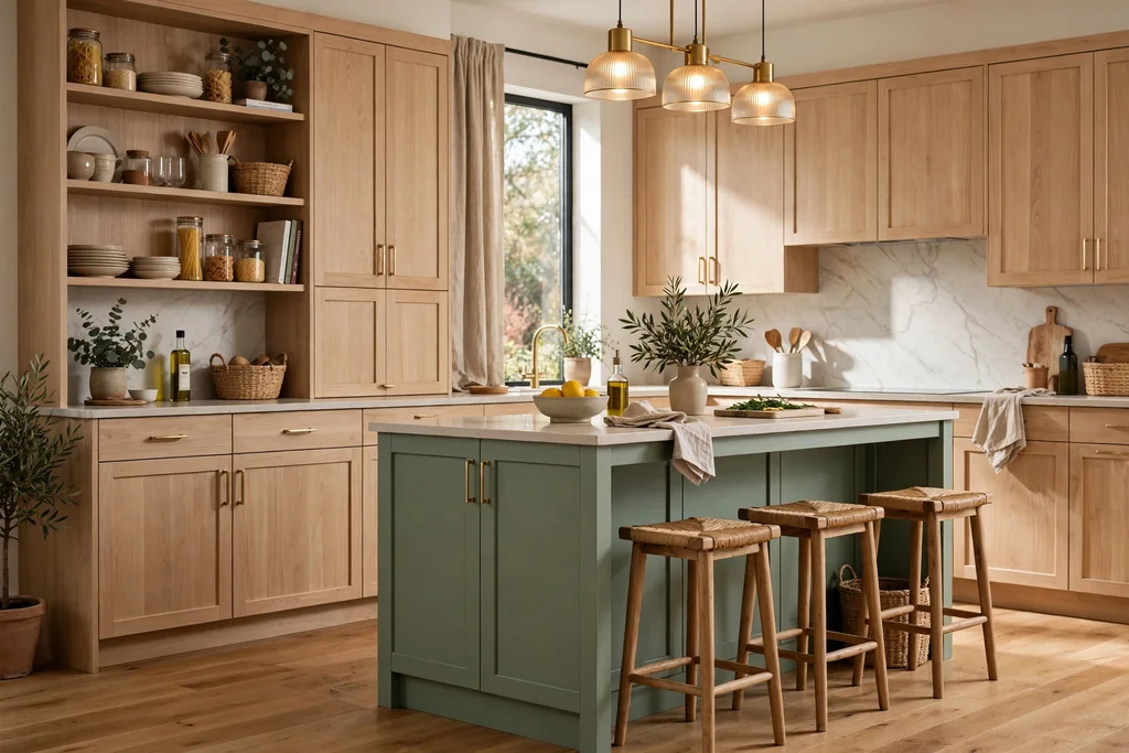 Light wood perimeter cabinets with a sage green island and wood stools.