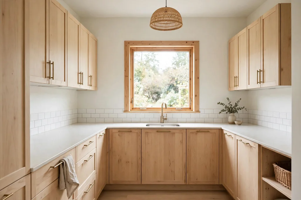 Scandinavian kitchen with light wood cabinets, pale walls, and clear counters.