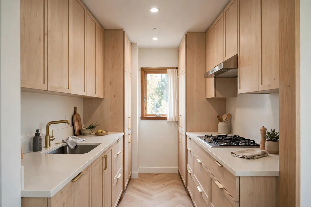 Small galley kitchen with pale wood cabinets and pale counters.