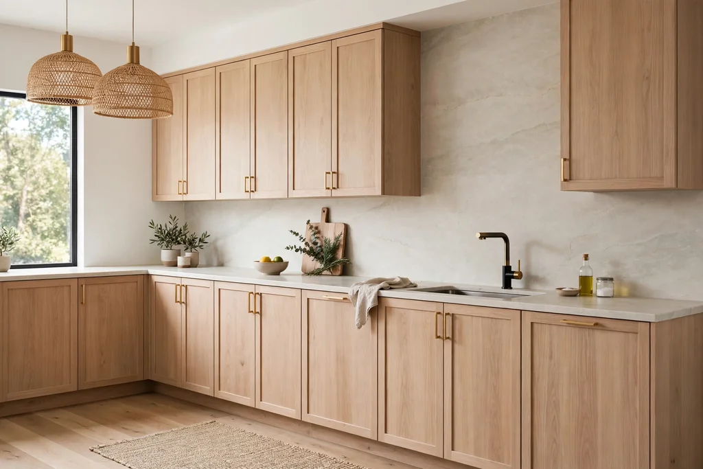 Light wood cabinets with a pale stone slab backsplash and matching counter.