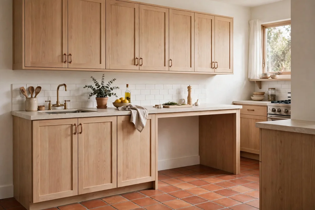 Light wood kitchen cabinets over a terracotta tile floor.
