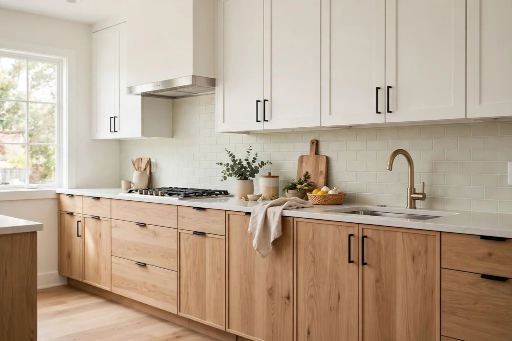 Kitchen with light wood lower cabinets, white upper cabinets, and a pale backsplash.