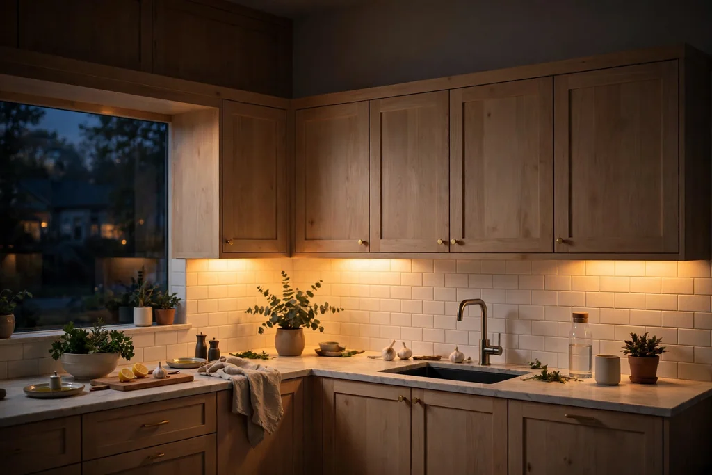 Light wood kitchen cabinets with warm under-cabinet lighting in the evening.