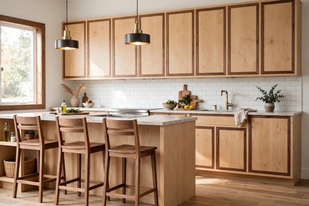 Light wood kitchen cabinets with walnut trim accents and wood stools.