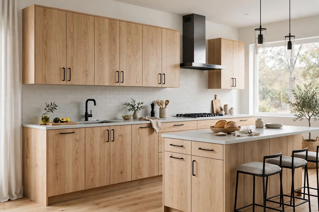 Modern kitchen with white oak flat-panel cabinets, pale grey counters, and black handles.