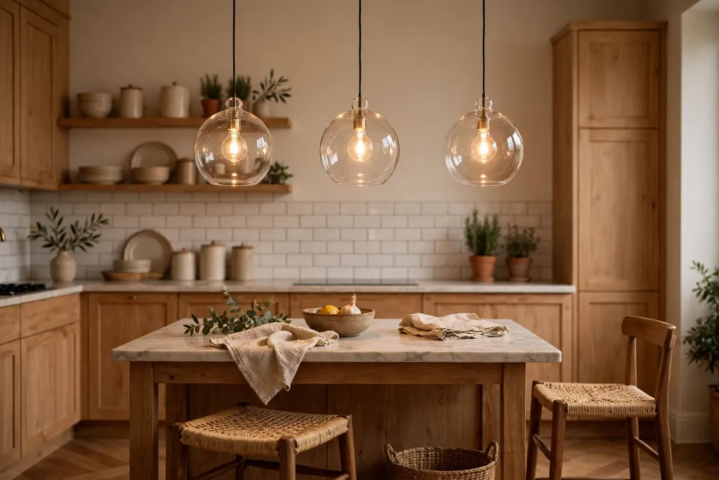 Three small clear glass globe pendants in a row over a small kitchen island.