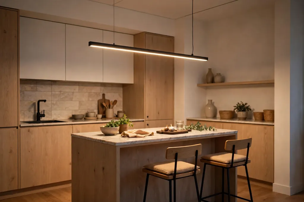 Slim linear LED bar light over a small modern kitchen island.