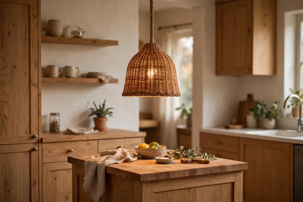 Single woven rattan pendant hanging over a small kitchen island center.