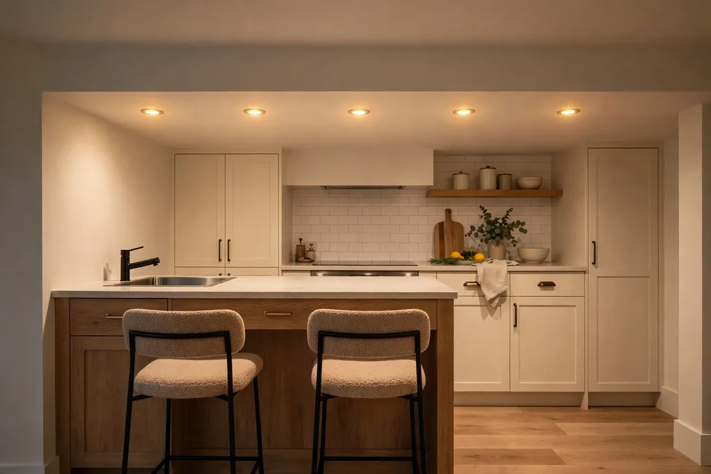 Row of recessed ceiling downlights over a small kitchen island with a low ceiling.