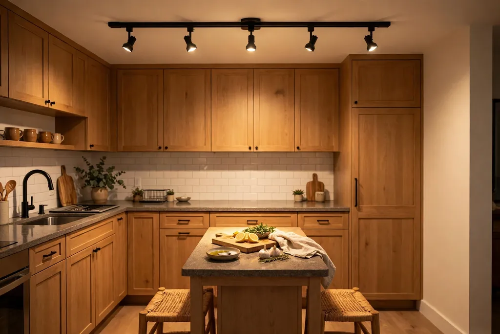 Adjustable track lighting with small heads aimed at a small kitchen island.