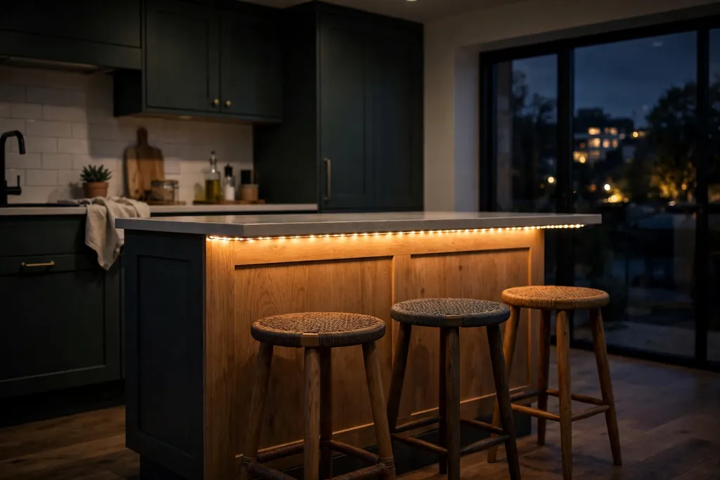Warm LED strip glowing under a small kitchen island counter overhang above stools.