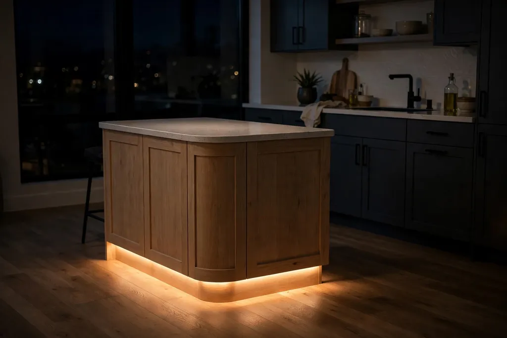 Soft toe kick LED glow around the base of a small kitchen island at night.
