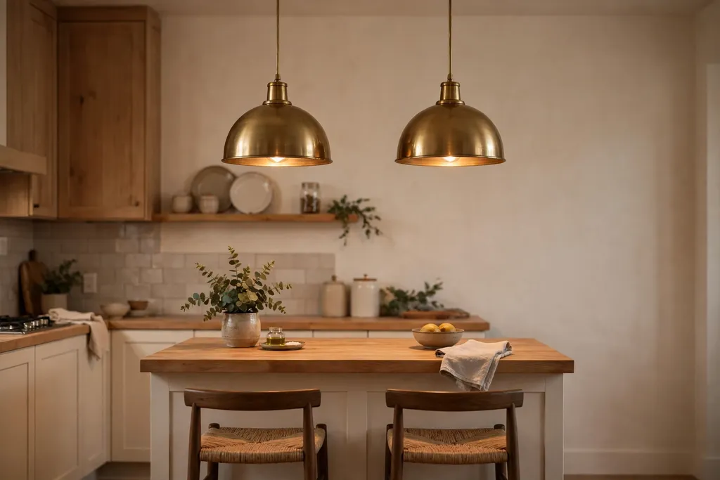 Pair of brass dome pendants hanging evenly over a small kitchen island.